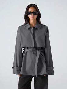 LYSMO Women's Solid Color Fashionable Minimalist Design Trench Coat - Dark Grey - View 8