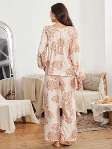 Serenescape Ensemble de pyjama à manches longues avec cordon de serrage au cou, imprimé floral, léger et confortable pour le printemps/automne - Nude - Voir 2