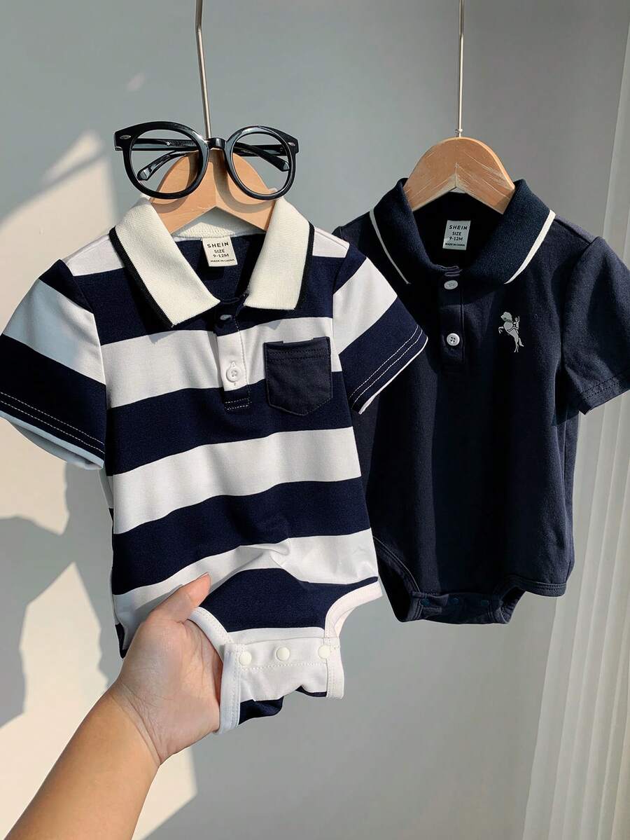 SHEIN 2pcs/Set Newborn Baby Boy Toddler Navy Striped Short Sleeve Bodysuit Outfit, Comfortable, Fashionable, Versatile, Casual, All-Match Style, Suitable For Indoor, Outdoor, Daily Wear, Sports, Play, Party, Photo Shoot, Holiday, Fall