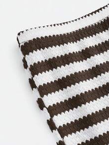 SHEIN Tween Girl Casual Asymmetric Textured Brown & White Striped Cropped Off-Shoulder T-Shirt And Pants 2-Piece Set - Brown - View 5