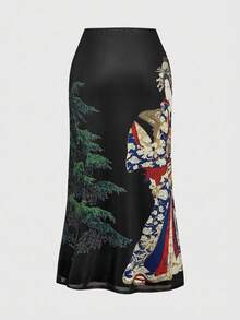 ROMWE Avant Vintage Japanese Geisha & Pine Tree Calligraphy Print Side Slit Mesh Skirt For Women
