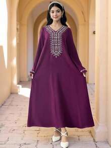 SHEIN Teen Girls' Embroidered Purple Long Sleeve Dress,Elegant Autumn Modest Arabic Jalabiya Abaya - Purple - View 7