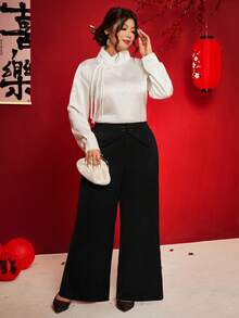 Cravure Quần tây công sở thanh lịch cỡ lớn, chất liệu satin, đính cúc, màu đen, chất liệu da cao cấp dành cho nữ. - màu đen - Xem 4