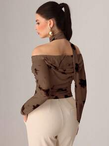 Modelyn Autumn Knitted Sexy Sheer Mesh Ribbon Print T-Shirt - Brown - View 2