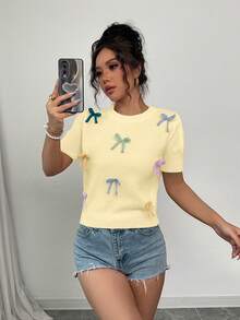 Selianne 女士优雅甜美3D蝴蝶结圆领插肩短袖套头针织衫 - 黃色 - 查看 4