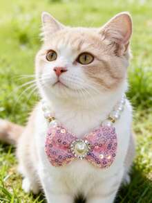 PETSIN 1 Piece Pet Bowknot Pearl Necklace; Adjustable Neck Circumference; Cat Necklace; Dog Necklace; Pet Accessories; Pet Supplies