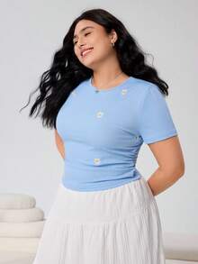 Solflare Áo thun crop top tay ngắn cổ tròn cỡ lớn - Màu xanh lam - Xem 3