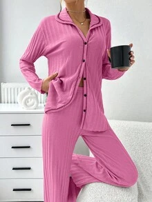 EURMUSE Set de 2 piezas de pijama con cárdigan acanalado de color contrastante - Rosa - Ver 6
