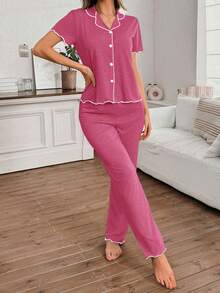 SHEIN Women's Classic Simple Style Lapel Open Front Ruffle Trim Lightweight Knit Fabric Short Sleeve Top And Pants, Casual Loungewear 2 Pieces Set - Hot Pink - View 4