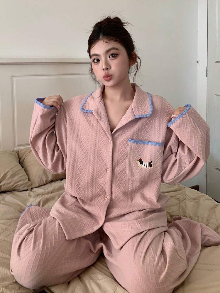 Dazy Plus Plus Size Women Casual Cute Pattern Printed Textured Fabric Loose Long Sleeve Top And Straight Leg Pants Pajama Set, Spring/Summer/Autumn