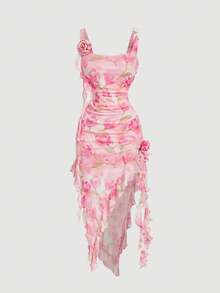 SHEIN MOD 女士碎花浪漫连衣裙，适合约会、情人节穿着 - 粉色 - 查看 2