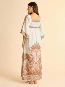 CAJUNI 女士度假休闲波西米亚热带粉色椰子树印花飘逸中袖沙滩长裙 - 彩色 - 查看 2