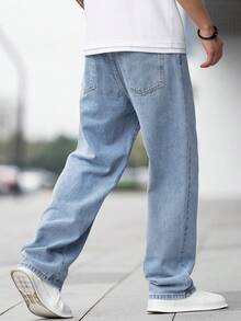 SHEIN Tween Boys' Light Blue Straight Loose Casual Jeans With Pockets, Versatile - Light Wash - View 2