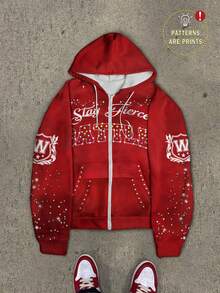 Manfinity EMRG 男士休闲印花拉链连帽卫衣，红色 Stay Fierce 拉链连帽衫，学院风徽章袖标，彩色霓虹字母印花，运动嘻哈时尚，情侣宽松外套，秋季 - 彩色 - 查看 1