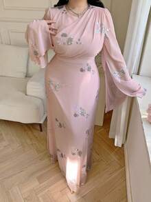 Dazy Plus 情人节加大码女士优雅亮片刺绣雪纺喇叭袖连衣裙，春夏嘉年华闪亮连衣裙 - 珊瑚粉 - 查看 5