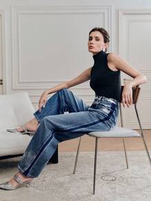 Anewsta 女士时尚魅力银箔浪漫派对蓝色直筒牛仔裤 - 藍色 - 查看 1