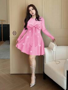 Flirla Plus Size Women's Autumn/Winter Spicy & Sexy Bodycon Mesh Patchwork Sequin Mini Dress - Pink - View 4
