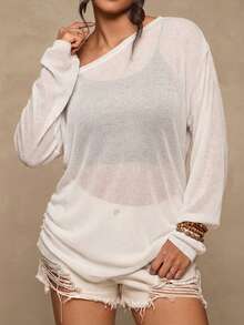 Freevana 大码休闲不对称领针织上衣，秋冬季百搭T恤 - 白色 - 查看 5