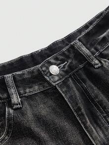 ROMWE Grunge Punk Y2K Vintage Washed Wing Print Super Low Waist Wide Leg Women Denim Shorts - Grey - View 3