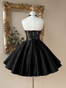 Lovelzi Elegant Contrast Color Embroidered Lace Luxury Satin Deep V-Neck Fishtail Short Dress, Suitable For Formal Occasions - Black - View 2