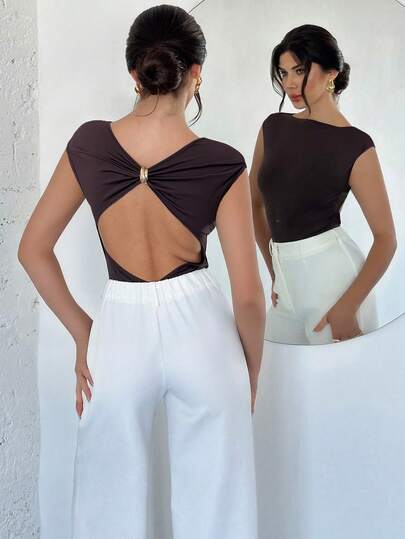 Firerie Women's New Elegant Romantic Party Slim Bodysuit, Brown Cap Sleeve Backless Metal Buckle Decor Bodysuit, Spring/Summer New Bodysuit, Versatile, Going Out, Brown Bodysuit, Beach Bodysuit Outfit