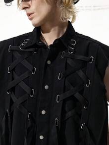 ROMWE MEN Goth 男士牛仔哥特式系带背心 - 黑色 - 查看 2