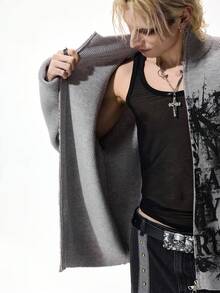 ROMWE MEN Street Life Men's Eye & Letter Print Stand Collar Zip-Up Long Sleeve Knit Cardigan Sweater