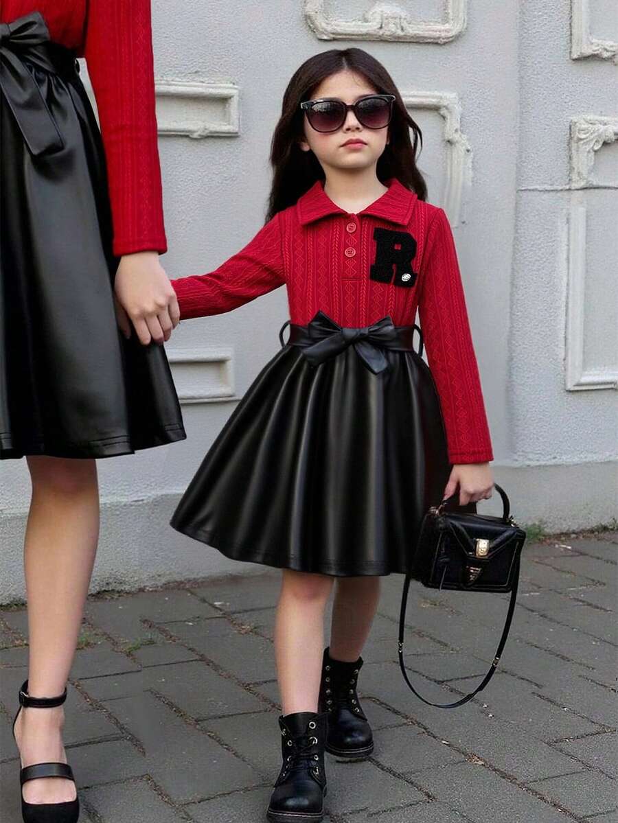 SHEIN Elladie kids 女童条纹长袖翻领拼接棕色连衣裙,活泼可爱,适合派对、日常穿着,秋冬季款。 - 彩色 - 查看 1