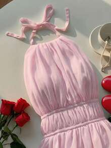 SHEIN EZwear Women's Pink Ruched Halter Backless Tie-Back Camisole, Valentine's Day Pink Camisole - Pink - View 4