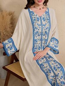 Al Najma Women's Turkish & Arabic Traditional Long Tunic With Floral Shoulder Sleeve Design - Baby Blue - View 7