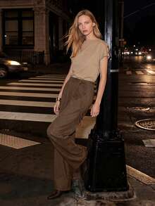Lumivelle Brown Relaxed Fit Wide Leg Pants, Criss-Cross Tie Design, Casual Chic For Commute And Leisure - Brown - View 3