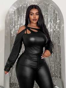 Slaydiva 2026 New Sexy Cutout Twist Hollow Long Sleeve PU Bodysuit - Black, Suitable For Easter, Western Holidays, New Year, Valentine's Day, Street Style, Gyaru - Black - View 5