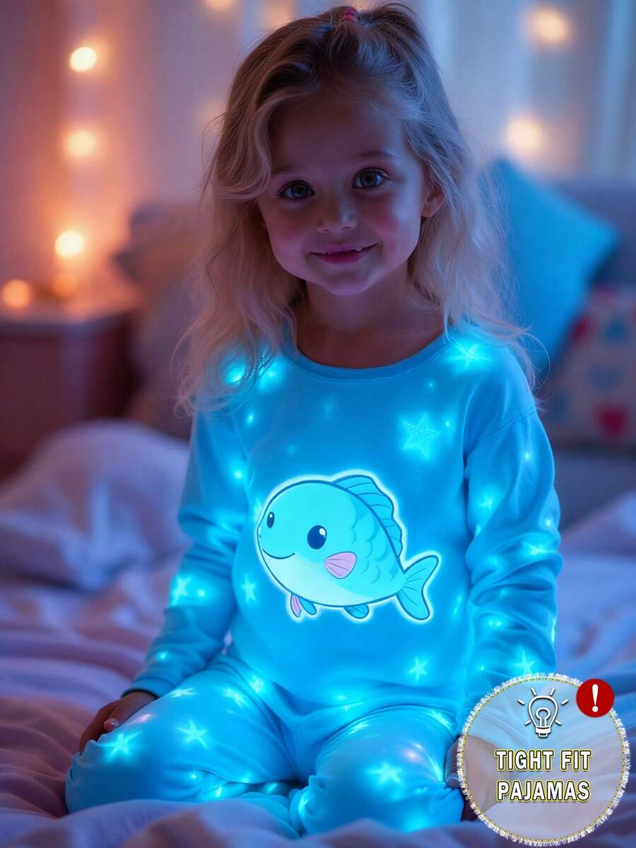 女婴可爱鱼印花和白色星星图案针织弹力面料柔软舒适夜光长袖上衣和裤子两件套睡衣 - 淺藍色 - 查看 1