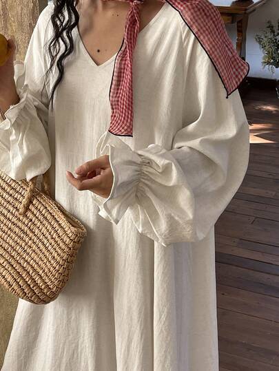 FRIFUL Solid Color Linen V-Neck Long Sleeve Gathered Cuff Straight Loose Casual Dress