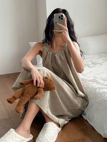 DAZY Plaid Pleated Sleeveless A-Line Dress, Women Loungewear