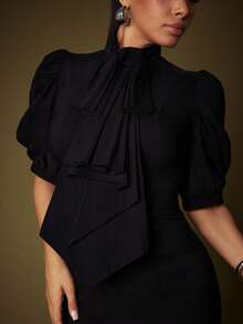 Vixey Exaggerated Bow Puff Sleeve Back Zip Up Midi Dress - Black - View 3