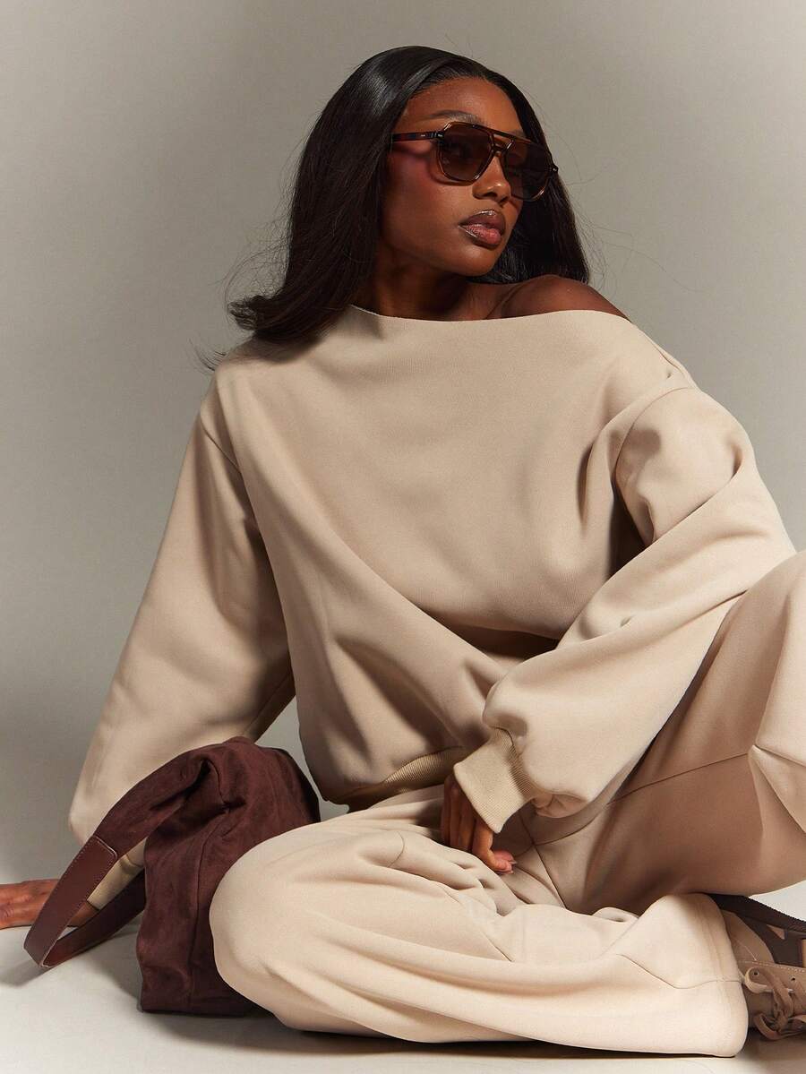 Hauture Áo nỉ dài tay màu trơn dáng rộng, vai lệch, kiểu dáng thường ngày. - Màu Khaki - Xem 1