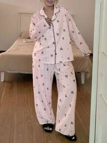 Dazy Plus Plus Size Women Loose Bow Print Long Sleeve Top And Straight Leg Pants Pajama Set, Fashionable Sleepwear For Spring, Summer, Autumn - Pink - View 1