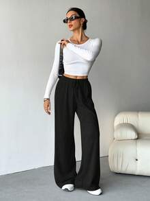 SHEIN Tall 女士罗纹磨毛阔腿裤，适合秋冬季穿着 - 黑色 - 查看 3