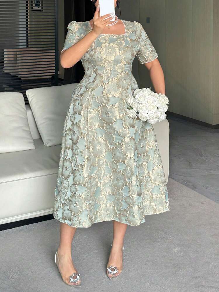 Dazy Plus Floral Textured Fabric Square Neck Elegant Waist Cinched Long Sleeve Plus Size Women Party Dress Maxi Dress Sundress