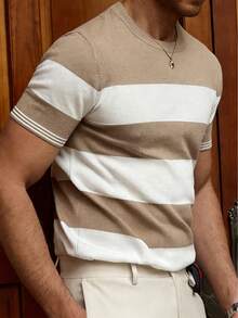 OTTIMOZO Men's Casual Contrast Color Short Sleeve Knit Top Tan Tops Men Men Stripe Shirt Men Striped T-Shirt Men Knit Tops Brown And White Shirt Men - Camel - View 4