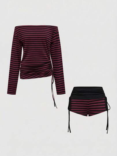 J-Fashion Completo da donna stile Y2K sexy con maniche a pipistrello a righe, arricciato e con laccetti, scollo spalle scoperte