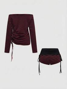 ROMWE J-Fashion Spring/SummerY2K Sexy Striped Bat Wing Ruched Drawstring Off-Shoulder Women's Suit - Multicolor - View 2