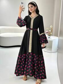 SHEIN Black Autumn Elegant Party Teen Girls Gold Ribbon Collar Floral Print Flare Sleeve Belted Dress,Dignified National Day Abaya Arabic Modest Dresses - Black - View 8