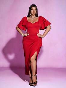 Viva Relle 大码性感深V领长袖连衣裙，适合情人节、约会、派对等场合 - 紅色 - 查看 3