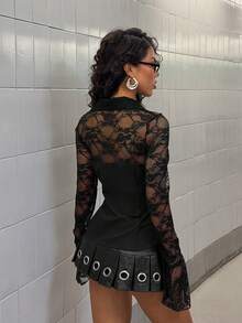 StreetHx Women's Casual 2000s Style Y2K Clothes, Lace Patchwork Tie-Up Fitted Long Sleeve Blouse, Streetwear - Black - View 2