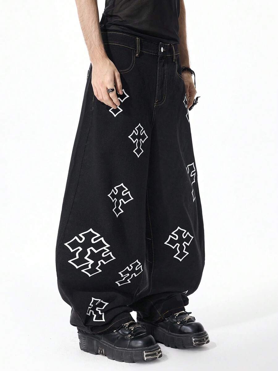 ROMWE MEN Men's Printed Curved Knife Black Denim Jeans - Black - View 1