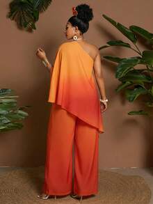 Maweii 女士春夏不对称手帕下摆上衣和阔腿裤套装，渐变彩色印花，休闲度假通勤装，时尚小众设计，优雅大码两件套 - 彩色 - 查看 2