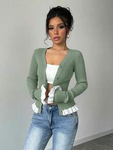 SHEIN Cottnline Áo khoác cardigan dệt kim phối màu tương phản, viền bèo nhún, phong cách thường ngày dành cho nữ. - Màu xanh Bạc hà - Xem 5