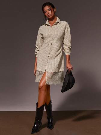 Athîral 女士休闲格子衬衫拼接蕾丝连衣裙